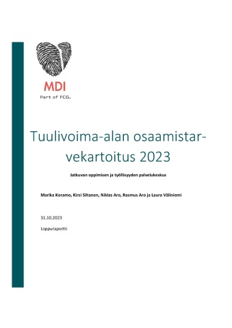 MDI:n raportin kansilehti. Raportin otsikko on Tuulivoima-alan osaamistarvekartoitus 2023.